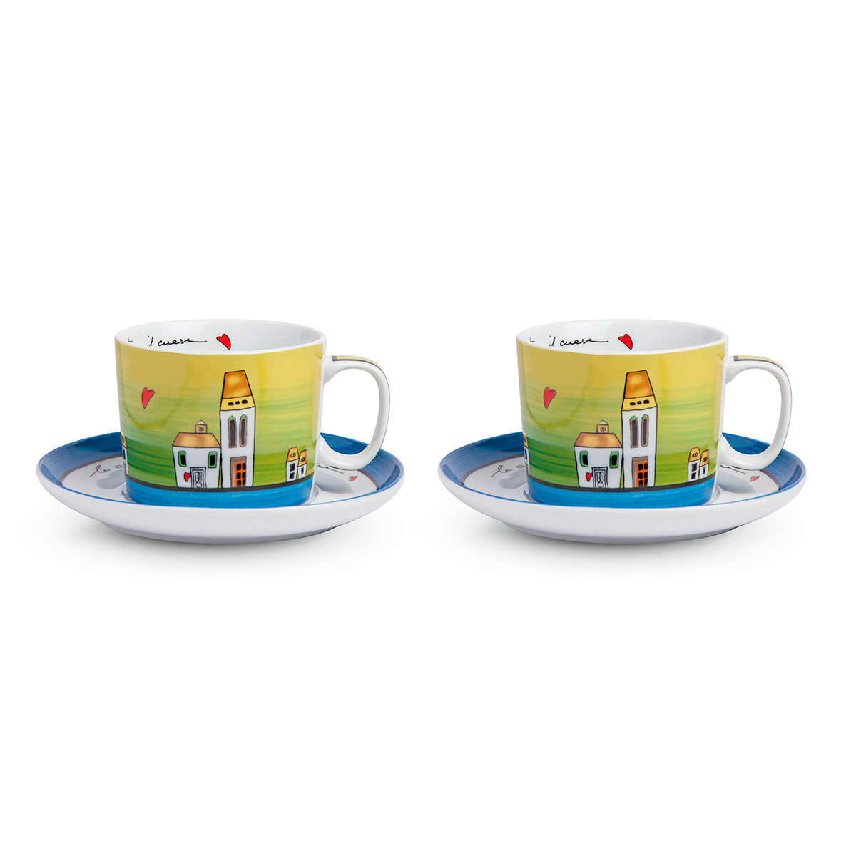 Set 2 Tazze Caffè Con Piattini Le Casette Blu